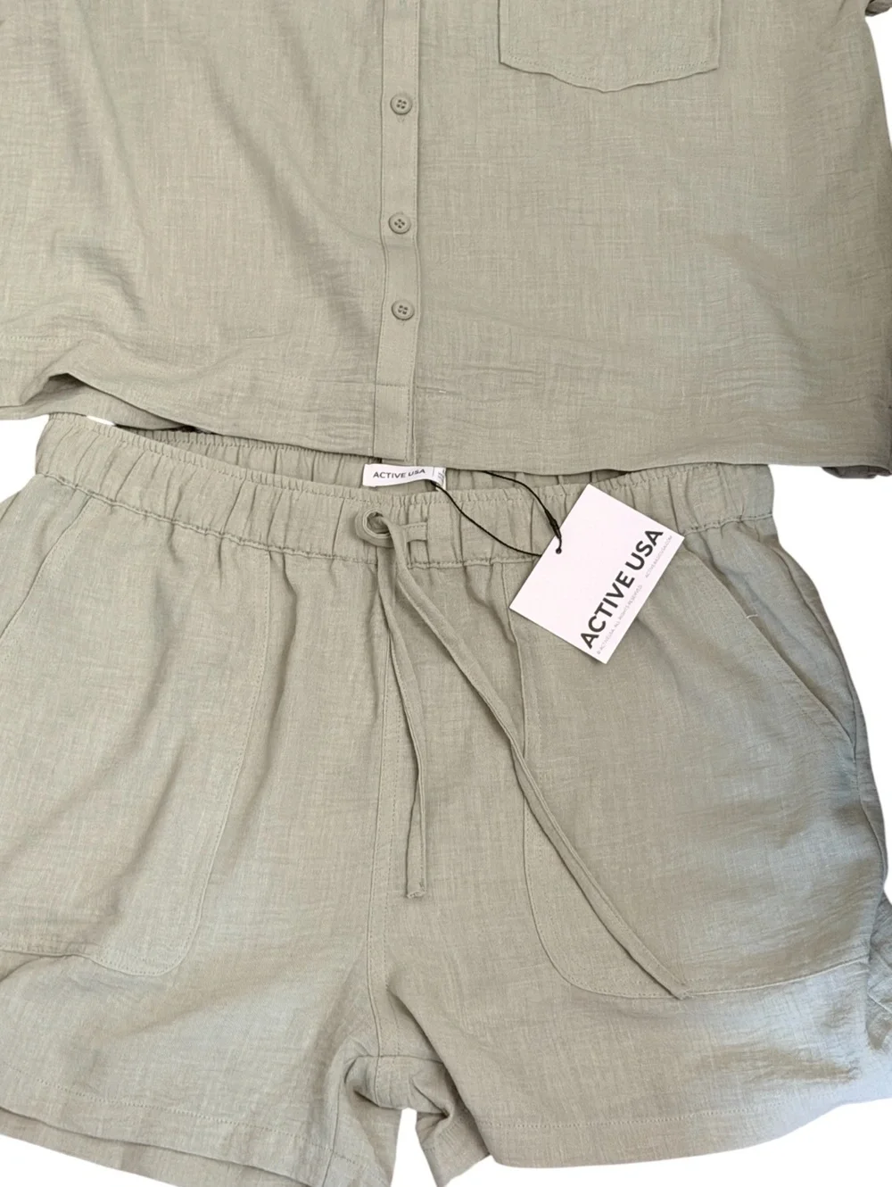 Active USA Two-Piece Button-Up Shirt and Elastic Waist Shorts Set in Sage Green,
